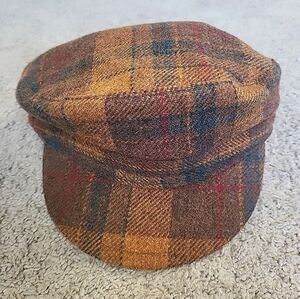 Vintage Midway Canada Newsboy Hat Mens Large Brown Check Plaid Wool Blend Tweed